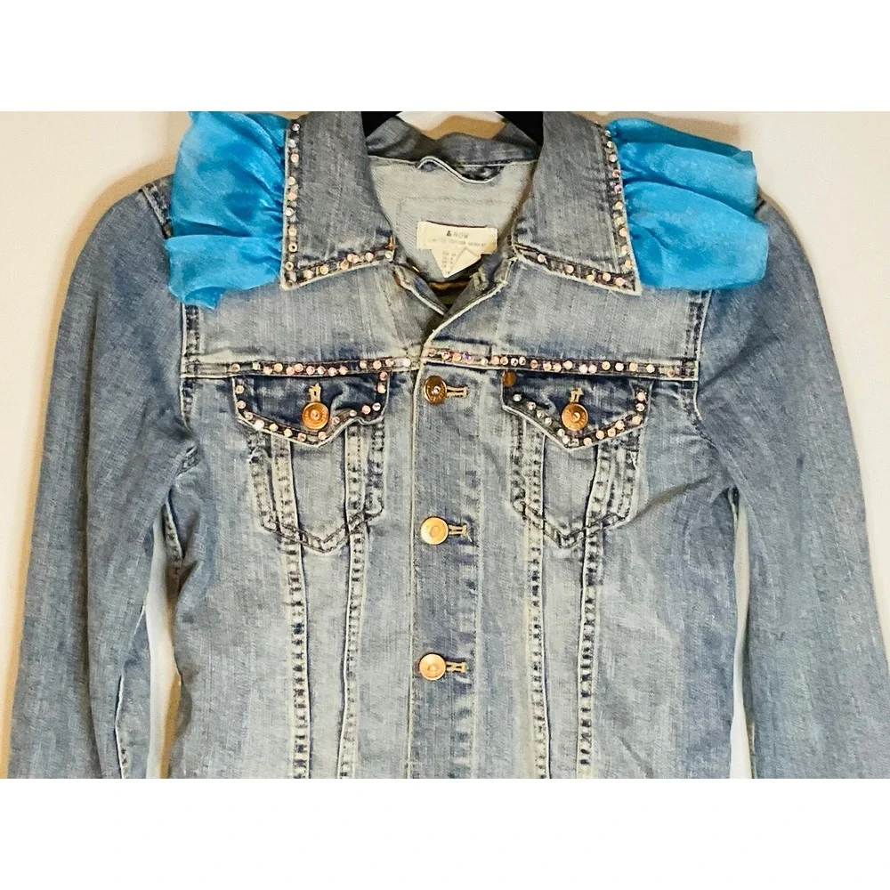 &NOW women's embellished Y2K pop star denim Jean jacket Upcycled sz 4 ruffle DIY